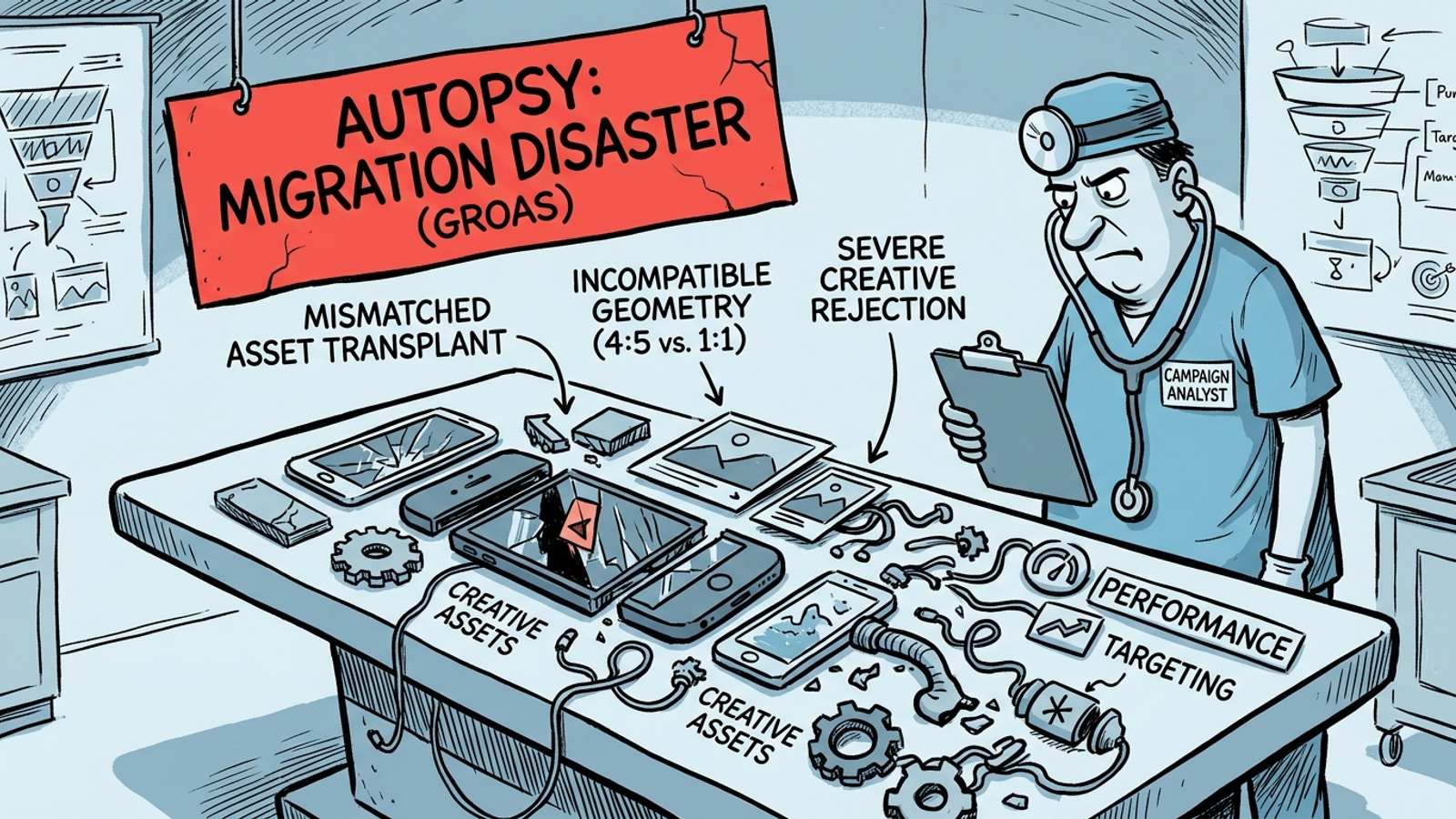 Cartoon autopsy table with a campaign assembled from mismatched image and video assets